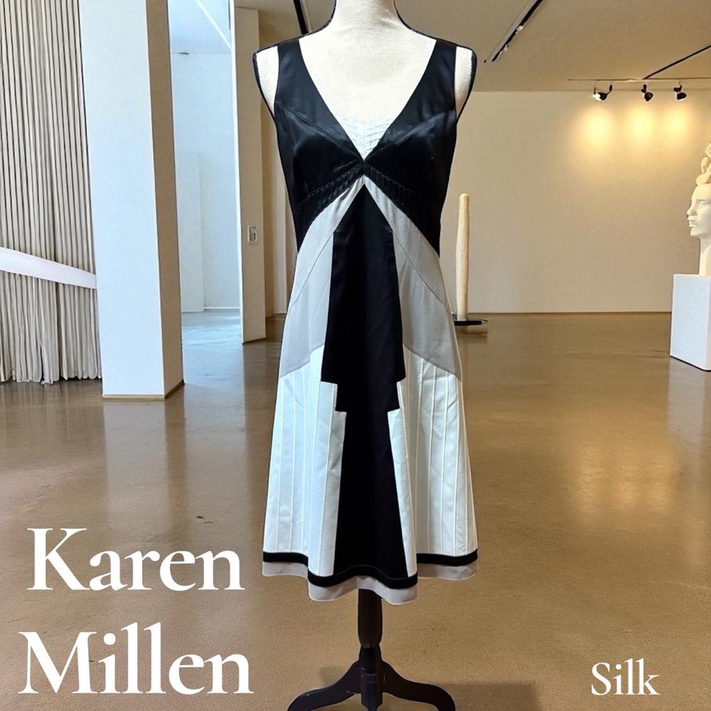 Karen Millen-100% silk dress. “Silk Panels w/Pintucks" Size 8 Art deco style EUC
